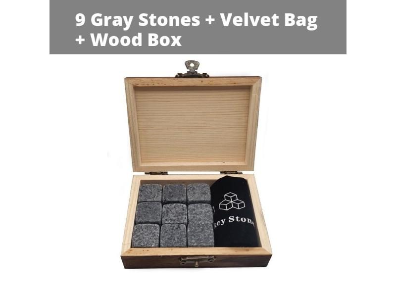Whiskey Stones Set - 9 Granite Whiskey Rocks / Wooden Box / Velvet Bag / Carousel 1