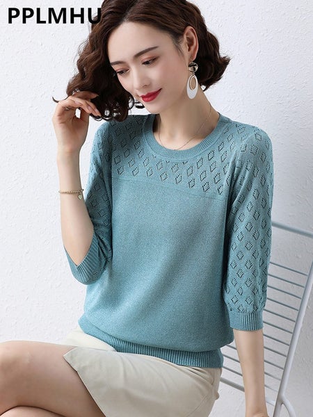 Summer Bright Silk Hollow Out Mom Tshirts Casual Loose Elegant Knit Carousel 2