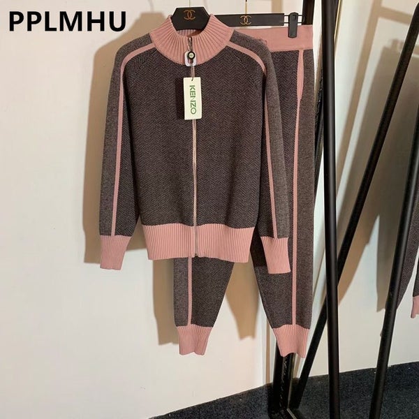 Stripe Knit 2 Piece Sets Women Casual Fall Winter Zipper Cardigan Carousel 2