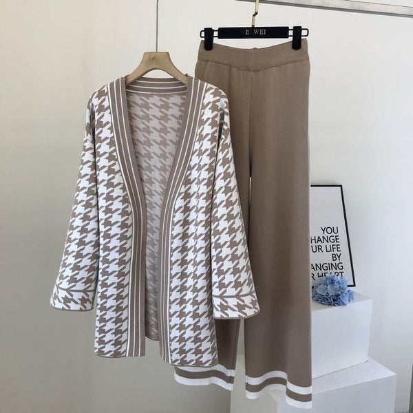 New Plaid Mid Length Cardigan Outfit With Lace Up Women Knitted Carousel 1