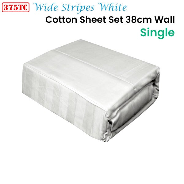 375TC 100% Cotton Wide Stripes White Sheet Set Single 38cm Wall Carousel 2