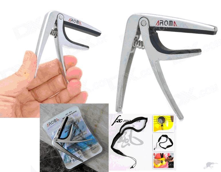 Ukulele Capo AROMA - Colour SILVER + Strap+3 Picks Carousel 1