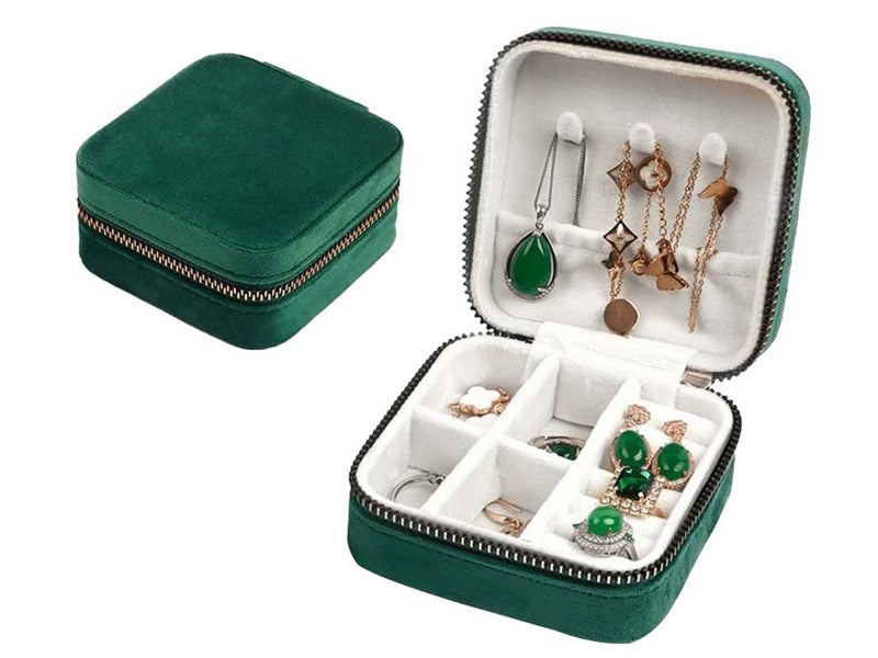 Portable Travel Jewelry Case Mini Velvet Jewelry Storage Box Organizer Green Carousel 1