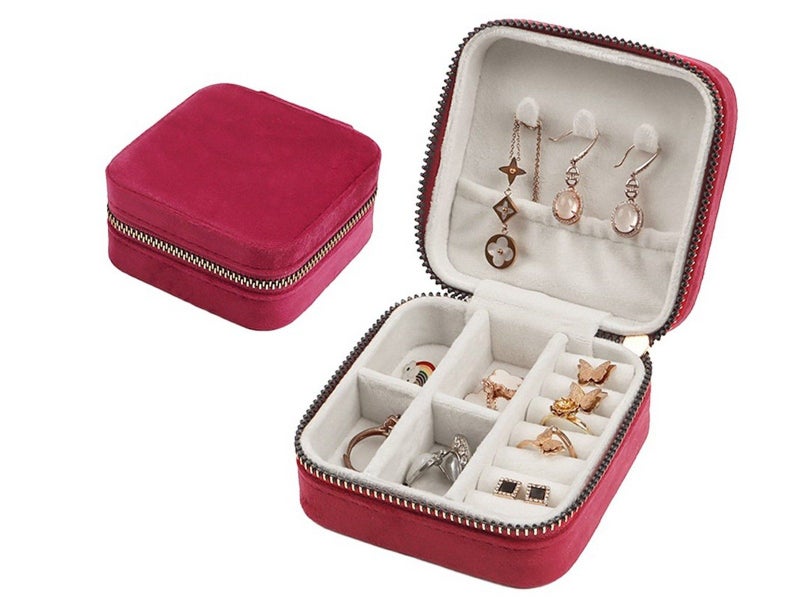 Portable Travel Jewelry Case Mini Velvet Jewelry Storage Box Organizer Rose Red Carousel 1