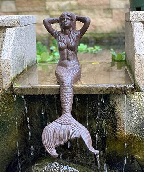Large Cast Iron Mermaid Shelf Sitter Rust Finish Sitting Sunning Mermaid Statue Carousel 1