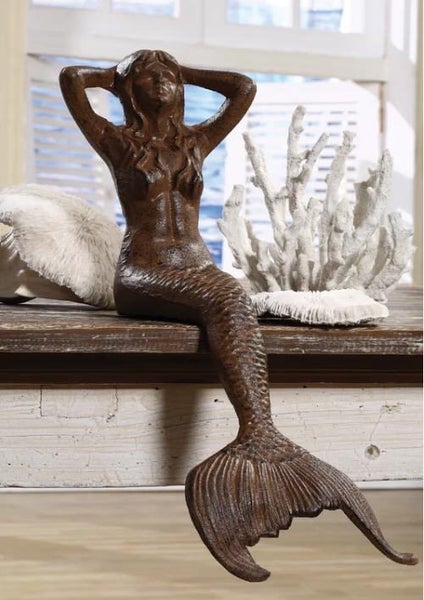 Large Cast Iron Mermaid Shelf Sitter Rust Finish Sitting Sunning Mermaid Statue Carousel 2