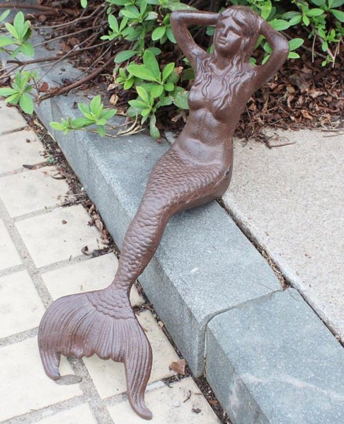 Large Cast Iron Mermaid Shelf Sitter Rust Finish Sitting Sunning Mermaid Statue Carousel 3