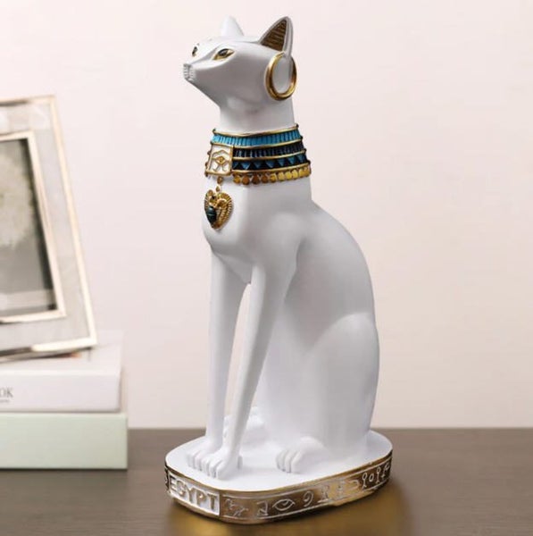 White And Gold Egyptian Goddess Bastet Cat Sitting Figurine Carousel 1