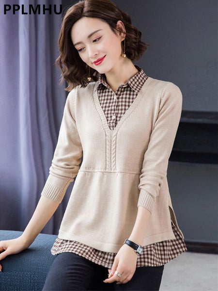 Plaid Patchwork Sweater Women Casual Loose Fake Two Piece Knit Tops Carousel 2