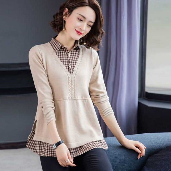 Plaid Patchwork Sweater Women Casual Loose Fake Two Piece Knit Tops Carousel 1