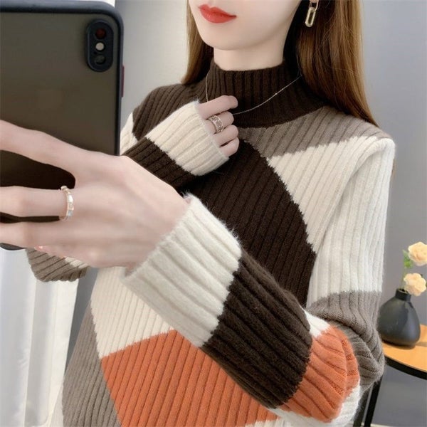 Autumn Winter Sweater Women Knitted Color Block Pullover Sweater Long Carousel 1