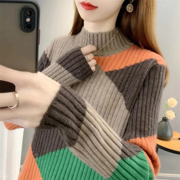 Autumn Winter Sweater Women Knitted Color Block Pullover Sweater Long Carousel 2