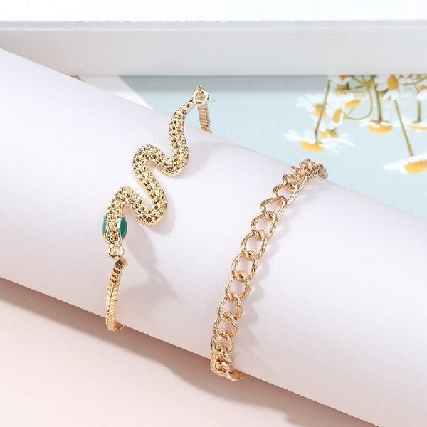 2pcs Gold Bracelet Ladies Classic Ethnic Style Bent Snake Pendant Carousel 2