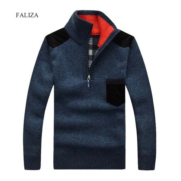 FALIZA Winter Knitted Sweaters Men Half Zip Fleece Jumpers Wool Warm Carousel 2