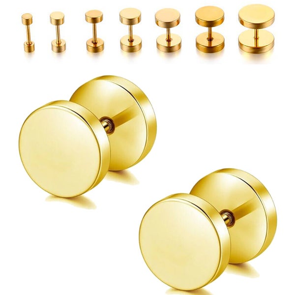 Pair Gold Flat Round Barbell Plug Stud Earrings 316 Stainless Steel Mens Unisex Carousel 1