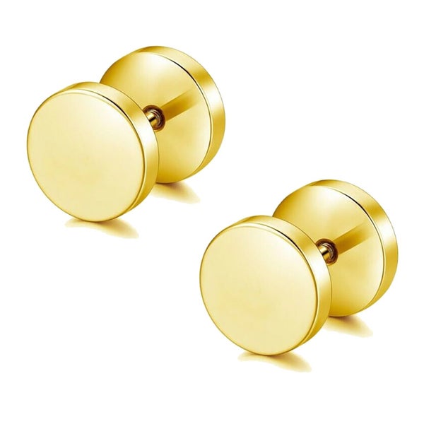 Pair Gold Flat Round Barbell Plug Stud Earrings 316 Stainless Steel Mens Unisex Carousel 8