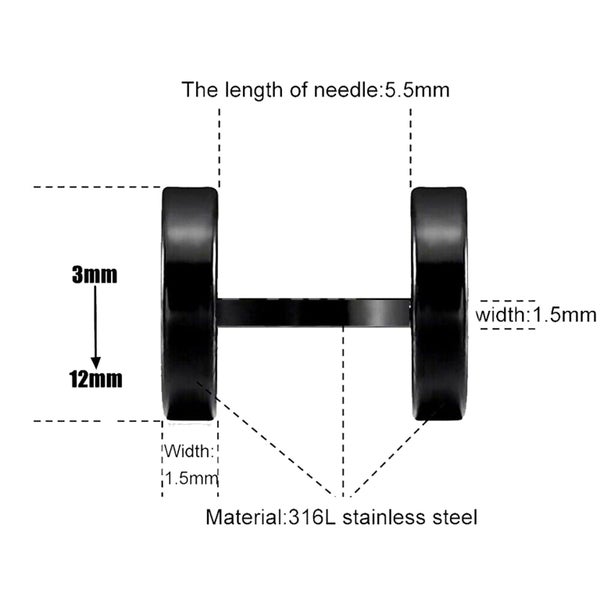Pair Black Flat Round Barbell Plug Stud Earrings 316 Stainless Steel Mens Unisex Carousel 2