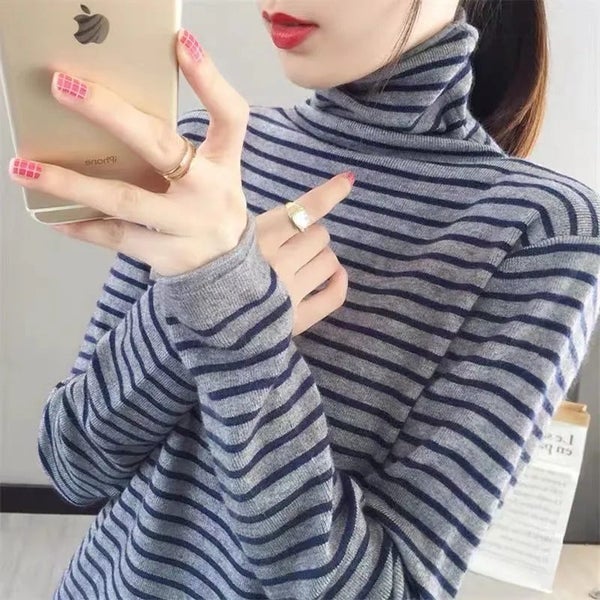 Fall Winter Striped Turtleneck Sweaters For Women Korean Slim Warm Carousel 1