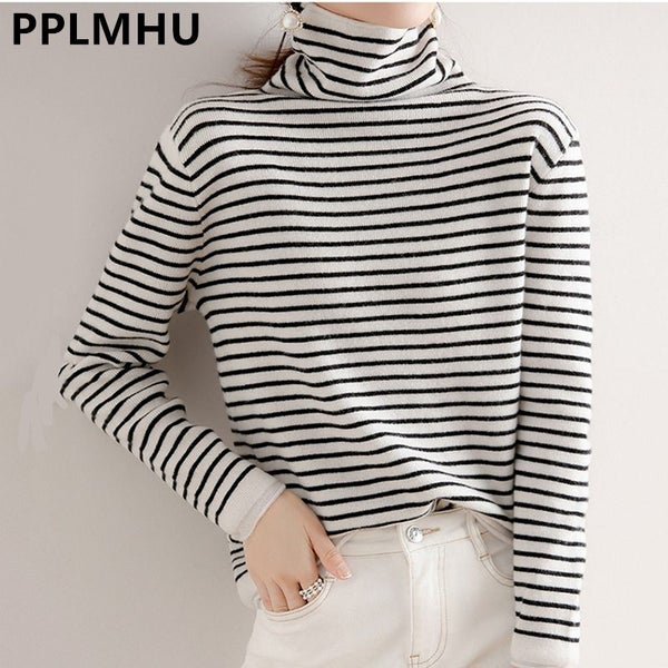 Fall Winter Striped Turtleneck Sweaters For Women Korean Slim Warm Carousel 2
