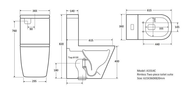 Toilet Suite Rimless Flush BTW A3314C S/P Pan Carousel 4