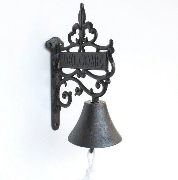 French Scroll Fleur de Lis Welcome Rustic Solid Cast Iron Hanging Bell Door Bell Carousel 1