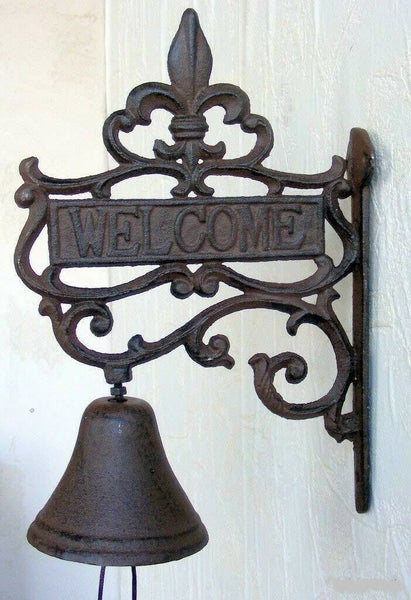 French Scroll Fleur de Lis Welcome Rustic Solid Cast Iron Hanging Bell Door Bell Carousel 2