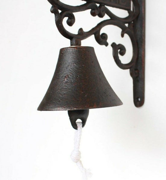 French Scroll Fleur de Lis Welcome Rustic Solid Cast Iron Hanging Bell Door Bell Carousel 6