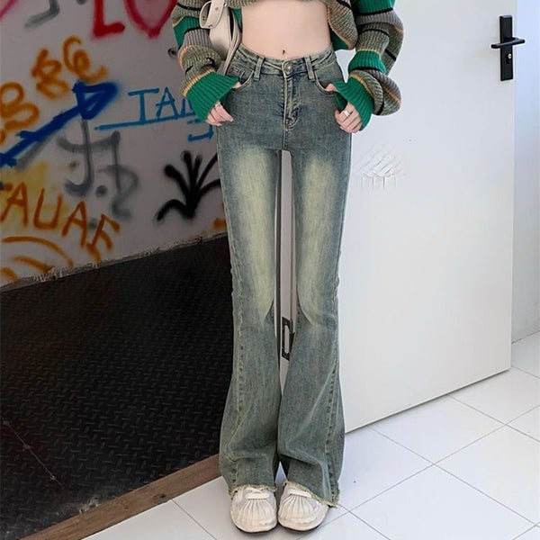 Y2K Elastic High Waist Skinny Jeans Women Vintage Washed Raw Edge Carousel 1