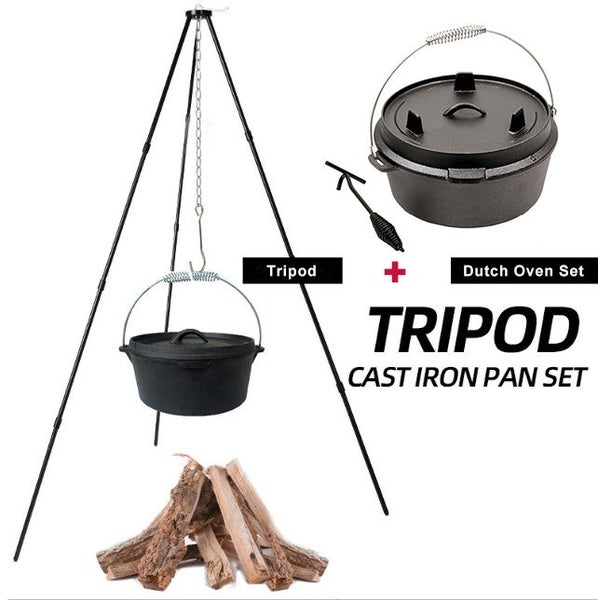 Cast Iron Dutch Camp Oven & Lifter + Aluminium Camping Tripod