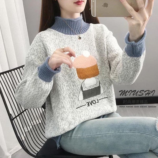Women Turtleneck Pullover Sweater Autumn Winter Cartoon Knitted Carousel 2
