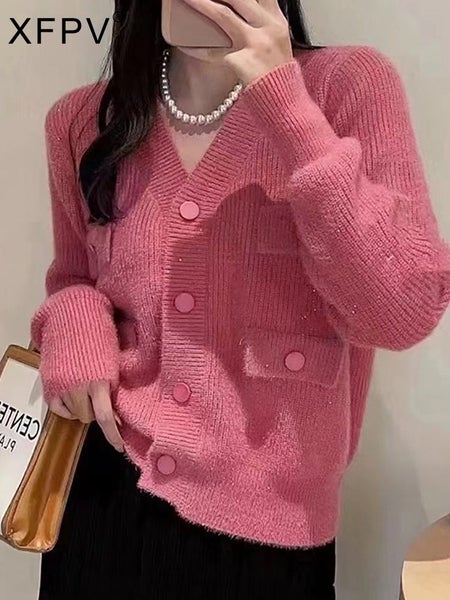 XFPV Korean Chic Cardigan Women Elegant Bright Silk Pockets Buttons Carousel 2