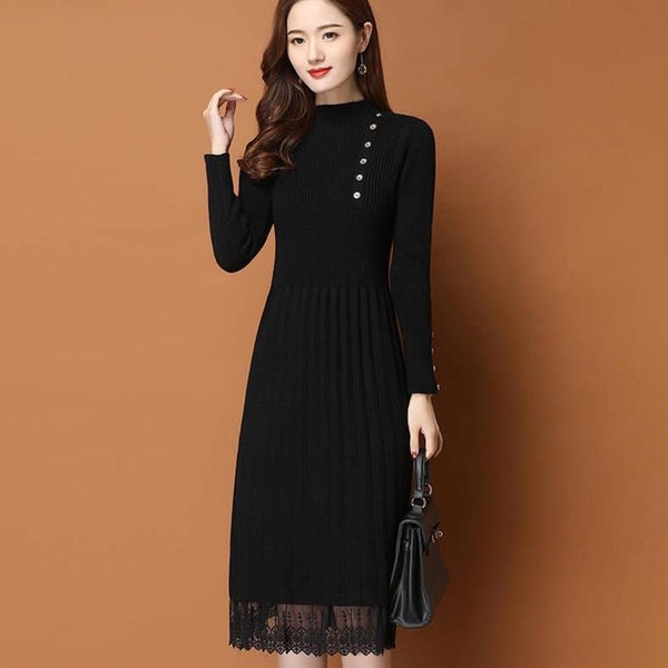 Biyaby New Lace A Line Dress Female Autumn Winter Half High Collar Carousel 1