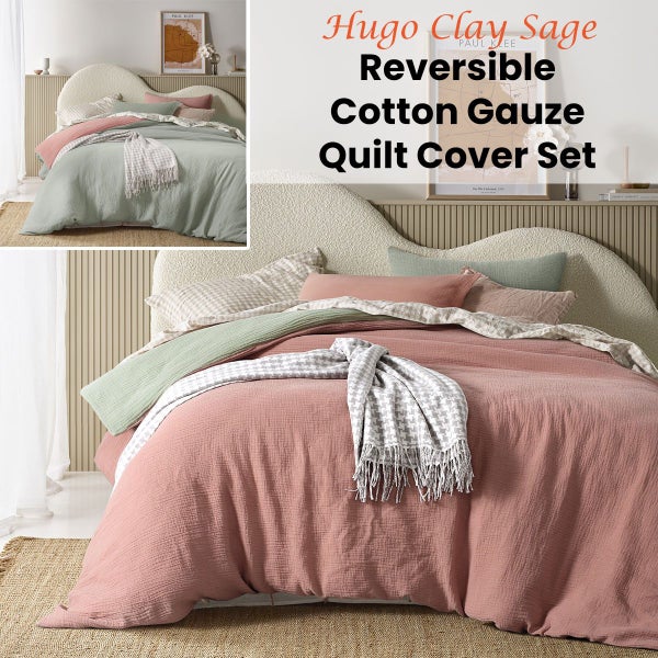 Vintage Design Homewares Hugo Reversible Clay Sage Cotton Gauze Quilt Cover Set Carousel 2