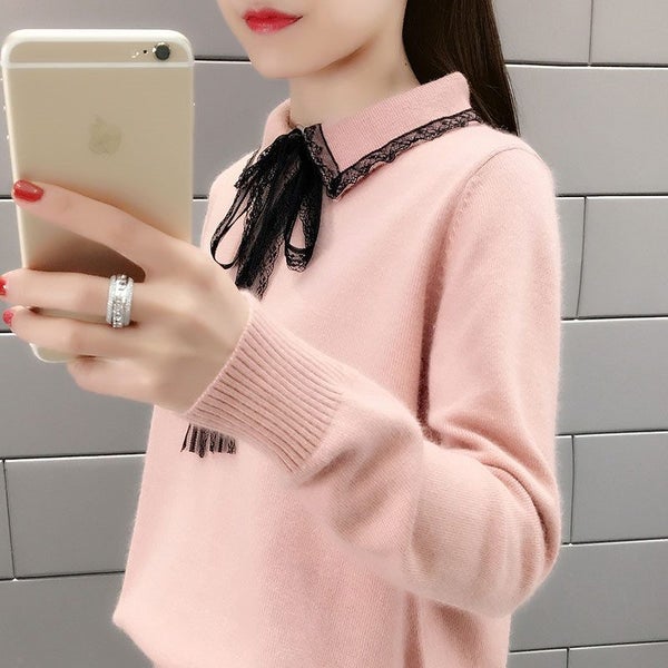 Autumn winter knitted sweaters women fashion Lace bow pullover Carousel 1