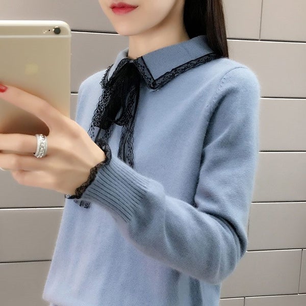 Autumn winter knitted sweaters women fashion Lace bow pullover Carousel 2