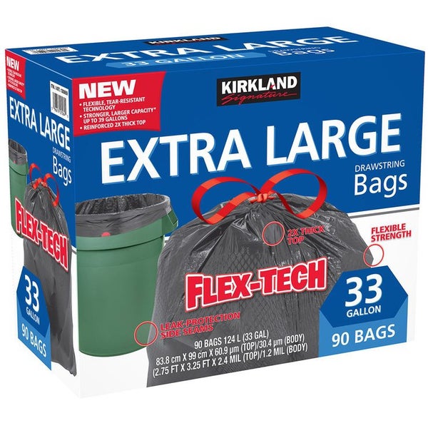 Kirkland Signature Drawstring Rubbish Bags 33 Gallon 124 Ltr 90 Count Carousel 1