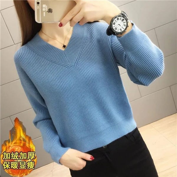 Women's V-neck Velvet Lined Short Sweaters Winter Thicken Warm Long Carousel 1