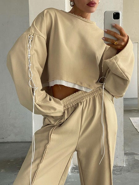 Long Sleeve Lace Up Sweatershirt 2 Piece Sweatshirt Women Loose Wide Carousel 2