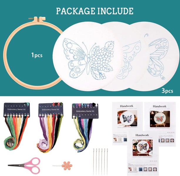 3 Sets Embroidery Starter Kit,Cross Stitch Set, Stamped Embroidery Kits Carousel 2
