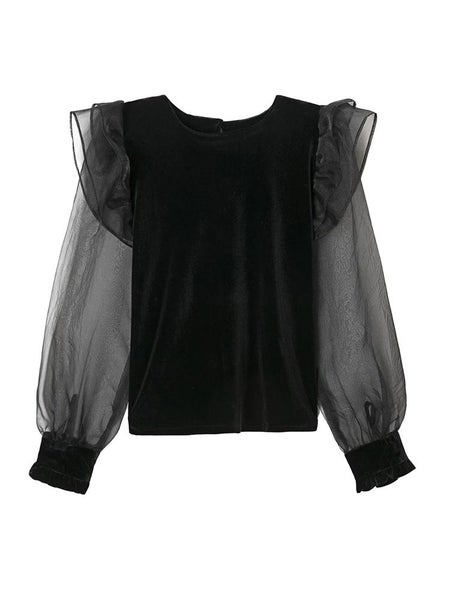 TRAF Women Fashion Patchwork Ruffles Velvet Blouse Vintage O Neck Carousel 1