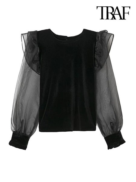 TRAF Women Fashion Patchwork Ruffles Velvet Blouse Vintage O Neck Carousel 2