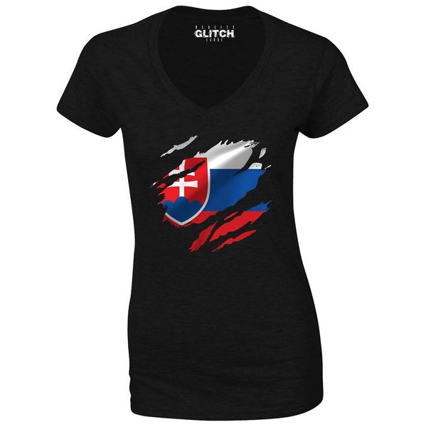 Reality Glitch Torn Slovakia Flag Womens T-Shirt - V-Neck Carousel 1