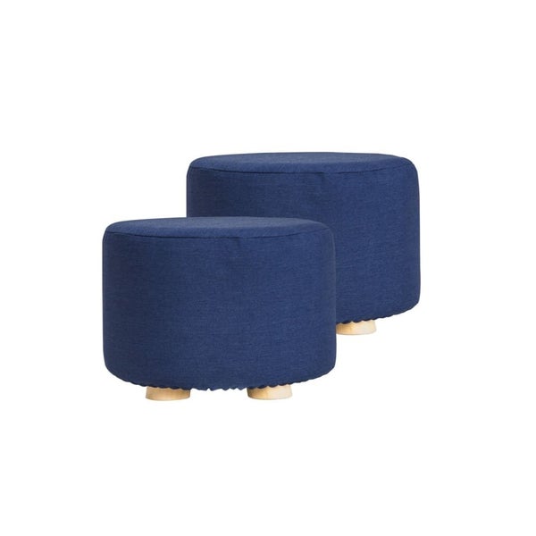 2 Set Dark Blue Fabric Ottoman Round Wooden Leg Foot Stool Carousel 1