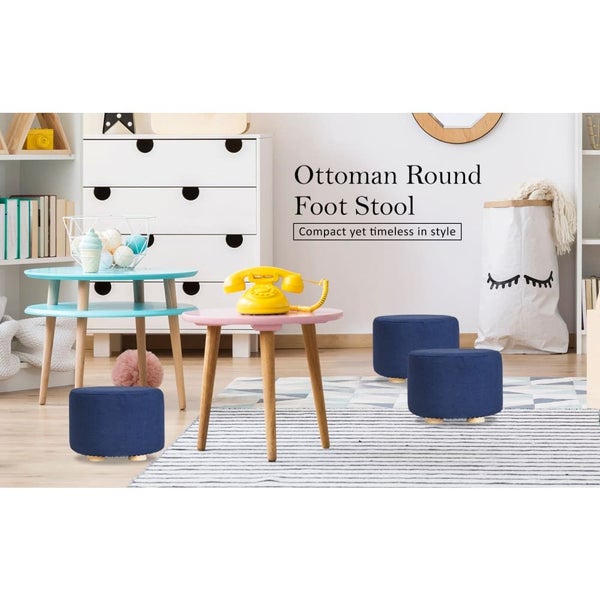 2 Set Dark Blue Fabric Ottoman Round Wooden Leg Foot Stool Carousel 2
