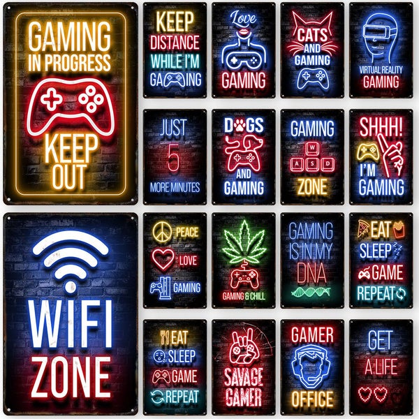 Gamepad Vintage Metal Poster Neon Light Glow Lettering Decorative Tin Carousel 2