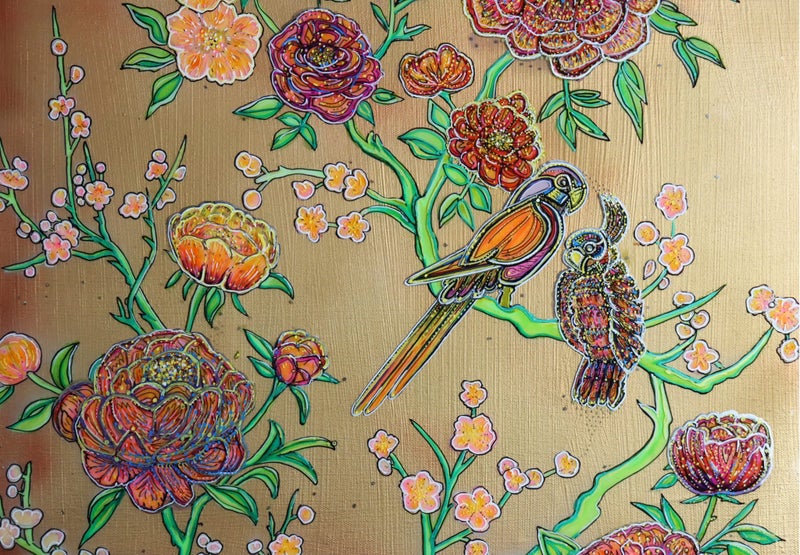 Birds Peony flowers Roses modern Chinoiserie Painting 51x51cm J Stirling Art NZ Carousel 2
