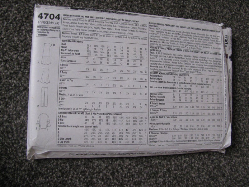 Simplicity 4704 - Maternity Shirt and Knit Dress/Tunic, Pants and Skirt Uncut Carousel 2
