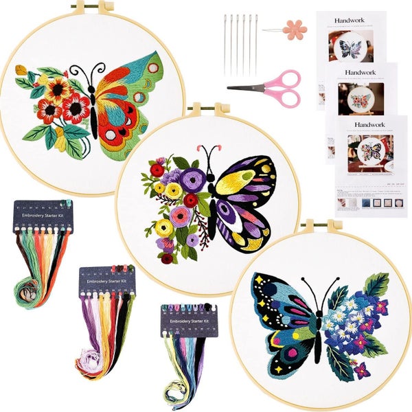 3 Sets Embroidery Starter Kit,Cross Stitch Set, Stamped Embroidery Kits Carousel 2