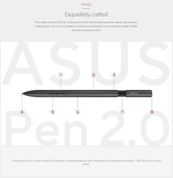 ASUS Active Stylus SA203H, ASUS Pen 2.0 1xTop Button, 2xSide Buttons, 4xPen Tips Carousel 2