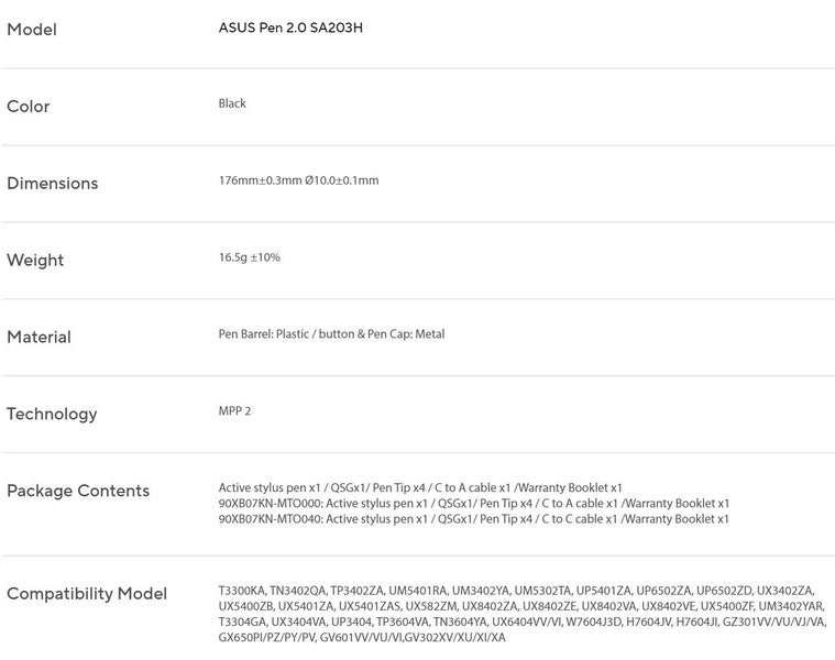 ASUS Active Stylus SA203H, ASUS Pen 2.0 1xTop Button, 2xSide Buttons, 4xPen Tips Carousel 7